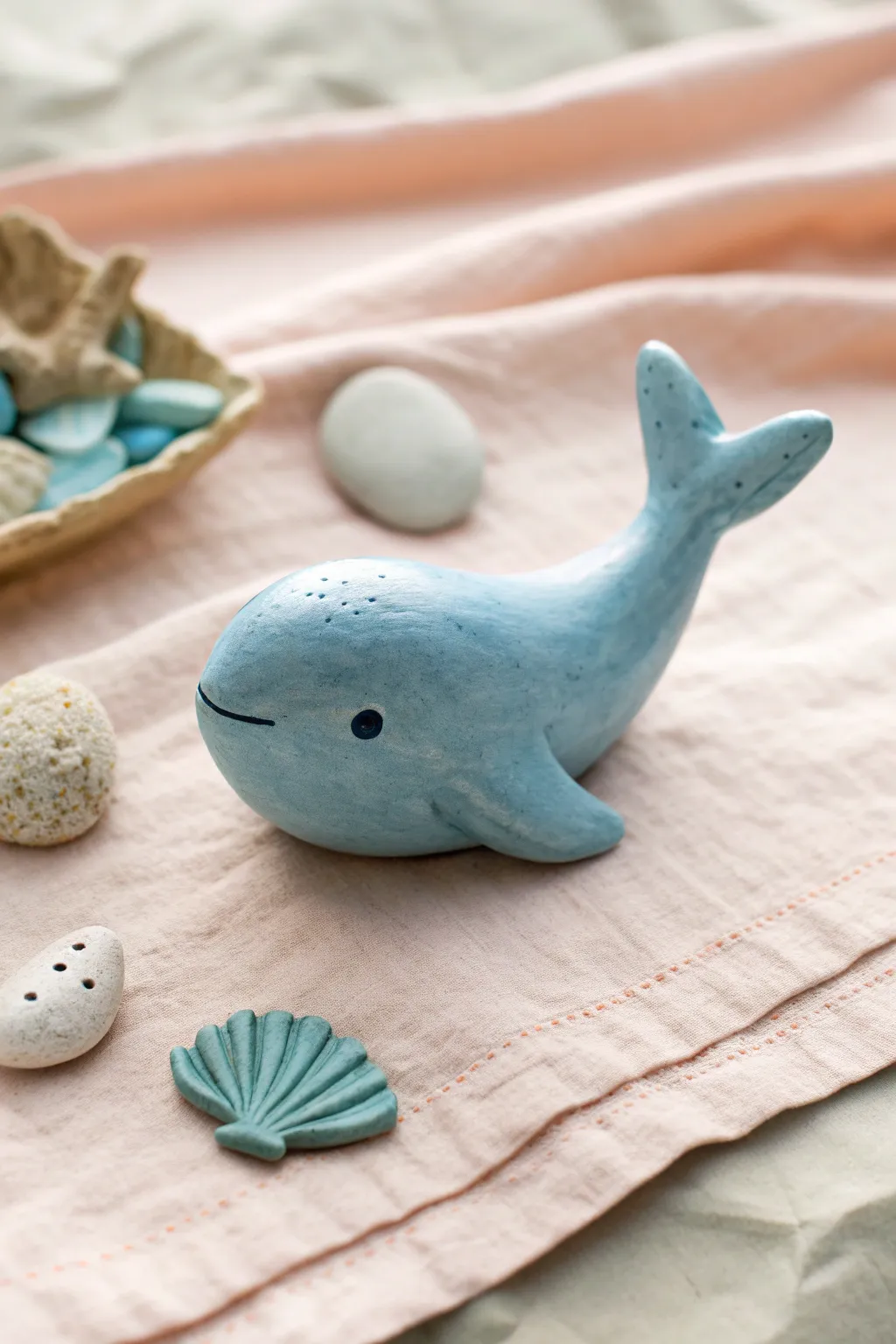 Pocket-size blue clay whale with simple dot eyes, styled with sea-glass stones in soft daylight