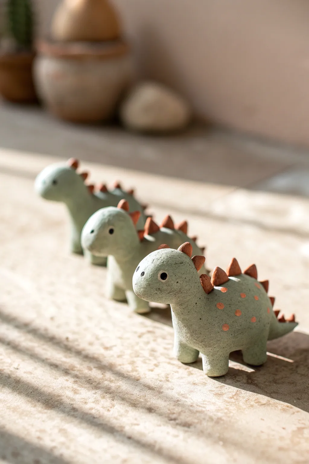 Tiny chunky clay dinos with dot eyes and back spikes, minimal and cute on a clean backdrop