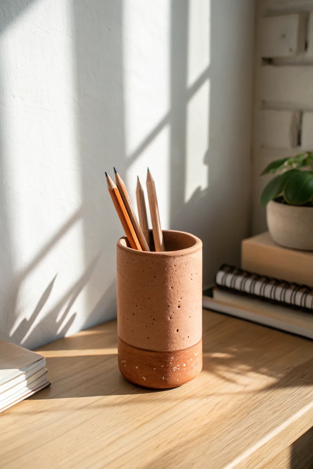 One seam slab pencil cup in warm clay, minimal and handmade, perfect for a calm desk setup