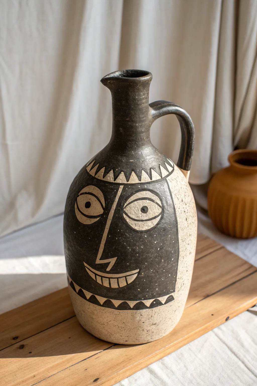 Dark clay face jug with light clay eyes and teeth for bold, graphic contrast and charm.