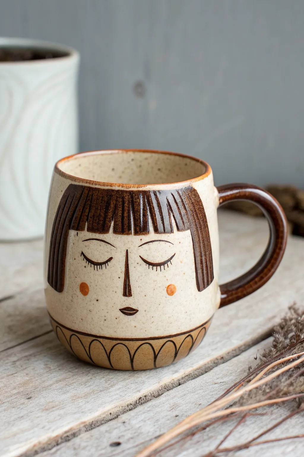 Minimal face mug with textured fringe bangs, warm boho glaze contrast, serene Nordic styling.