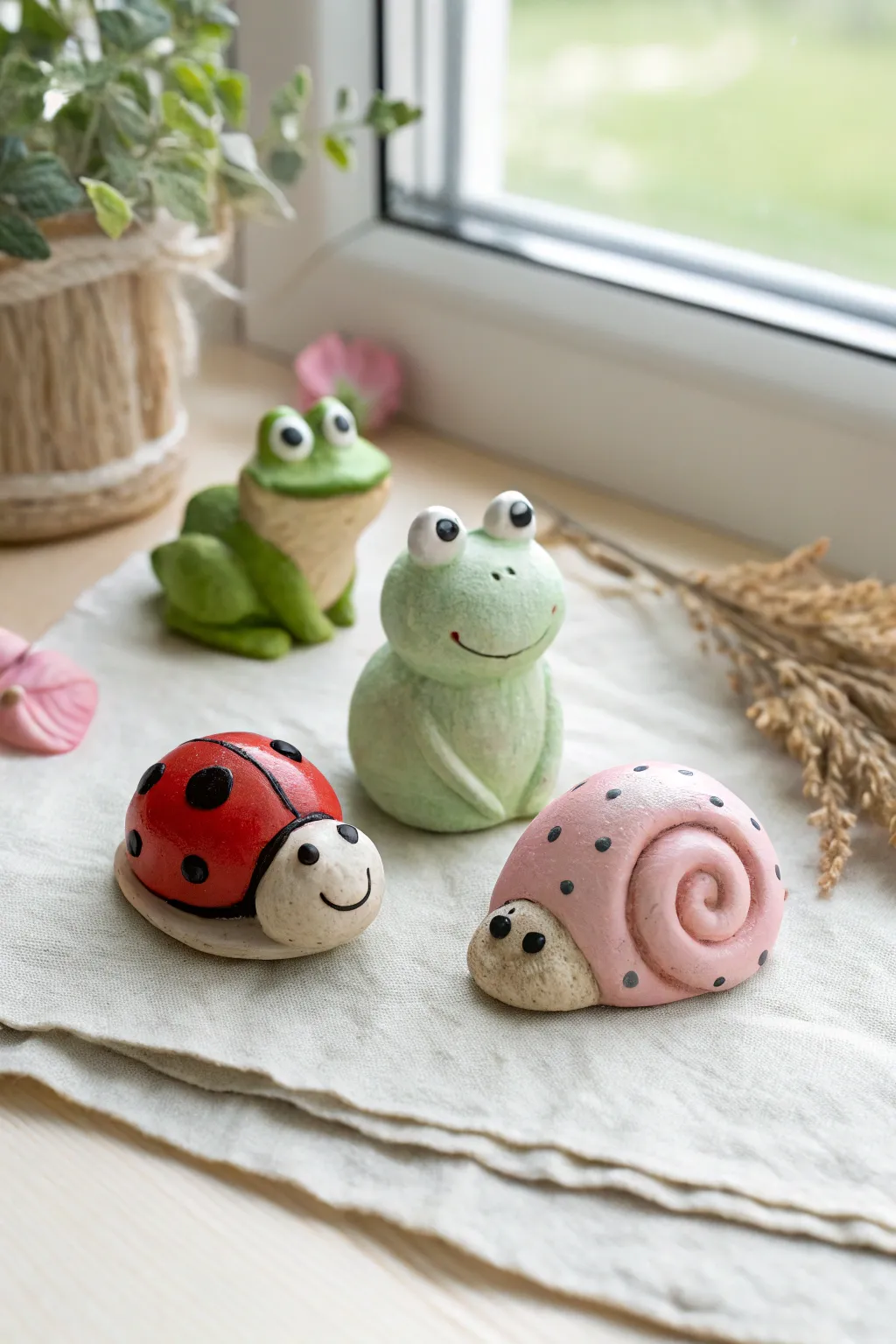 Tiny clay fairy companions: frog, ladybug, and snail, ready to charm any fairy garden scene.