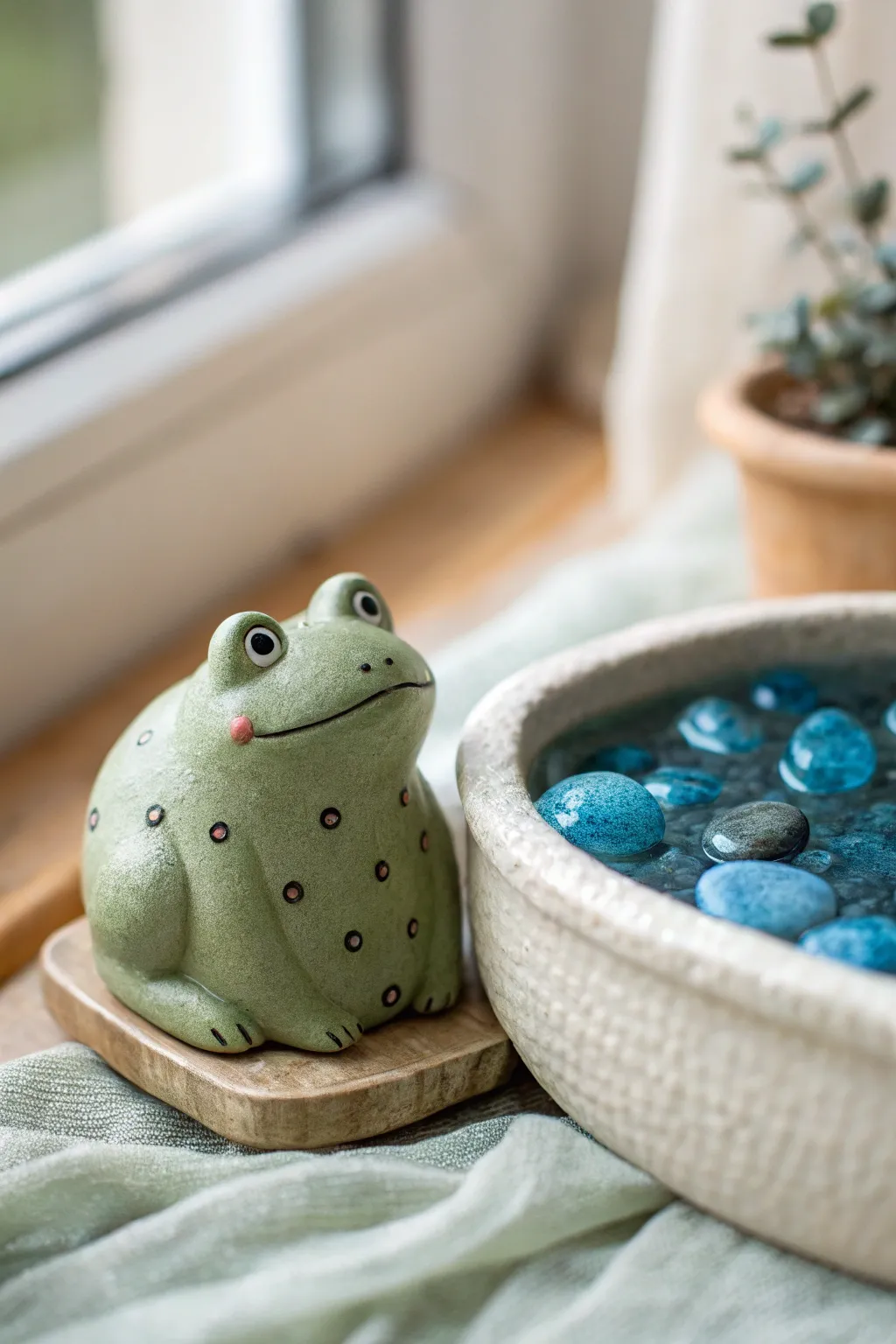 Chubby clay frog guarding a tiny pond, minimalist and whimsical for a sweet fairy garden corner