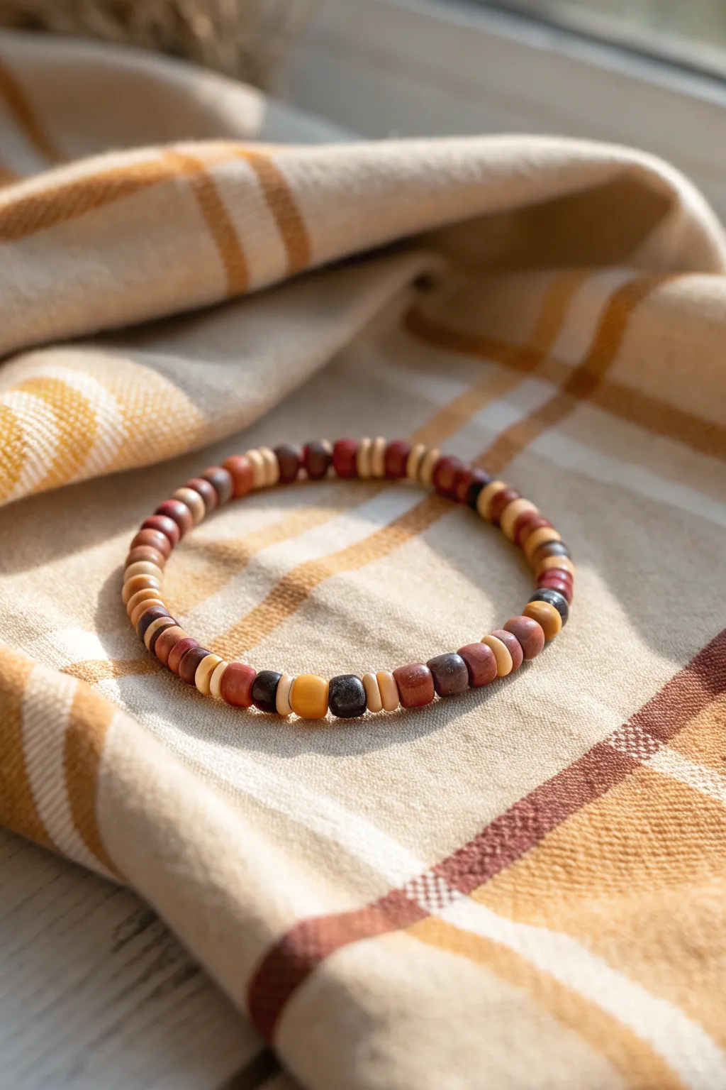 Harvest plaid micro-stripe clay bead bracelet in warm autumn tones on cozy flannel texture