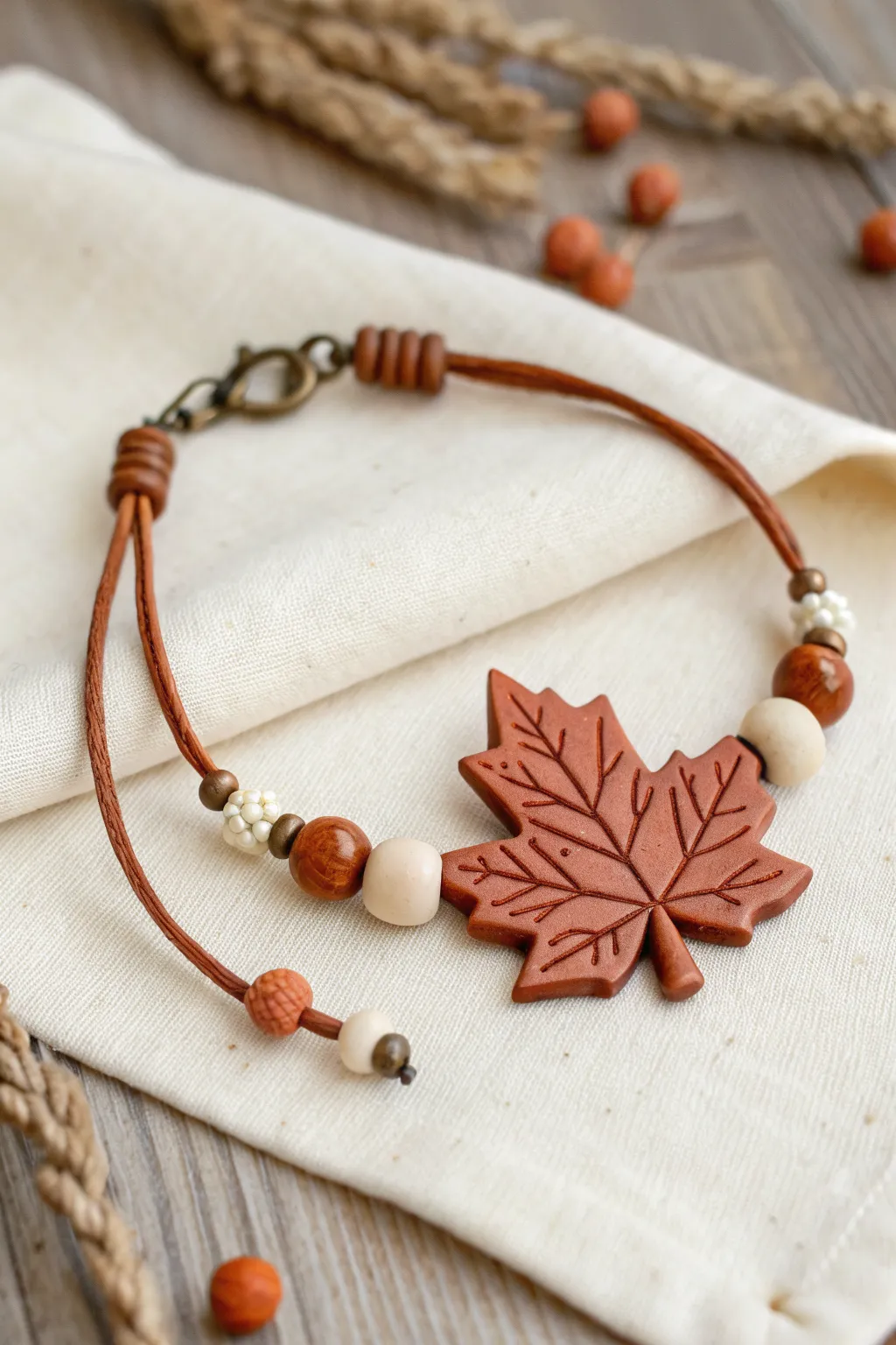 Minimalist fall clay bracelet with a terracotta maple leaf bead, styled with soft autumn leaves.