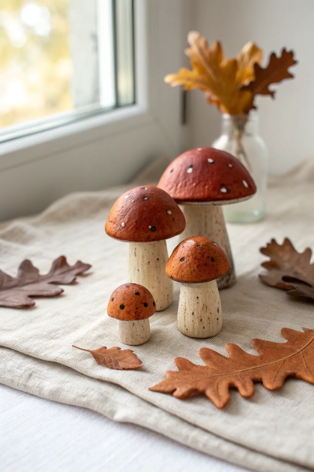 Mini clay mushroom cluster in rust, cream and brown with dried leaves, perfect minimalist fall decor.