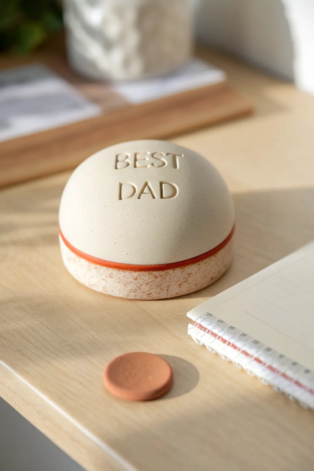 Minimal clay paperweight with carved Best Dad detail, a sweet handmade Fathers Day desk gift
