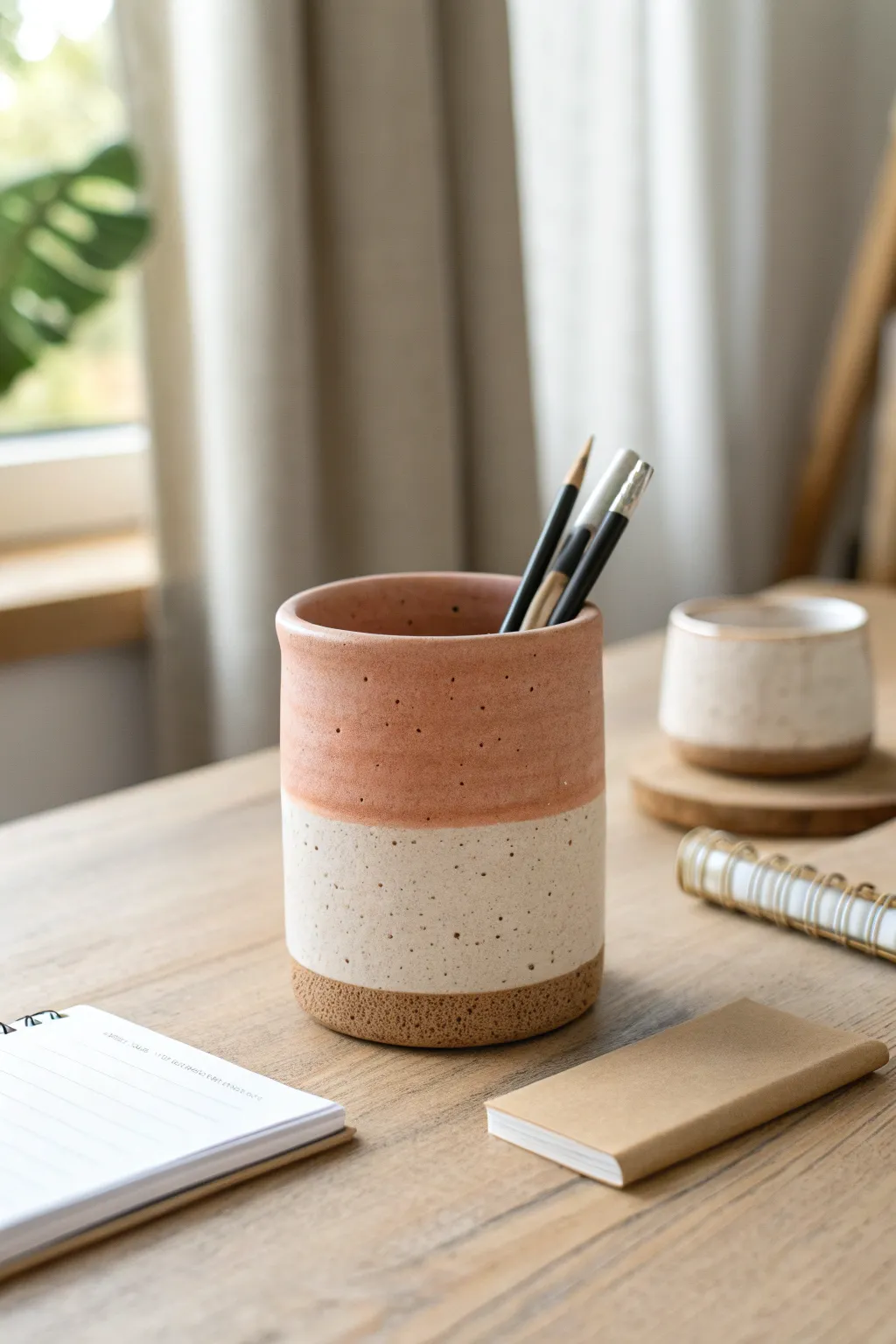 Minimal clay pen cup with fingerprint band, a simple handmade desk gift idea for dads