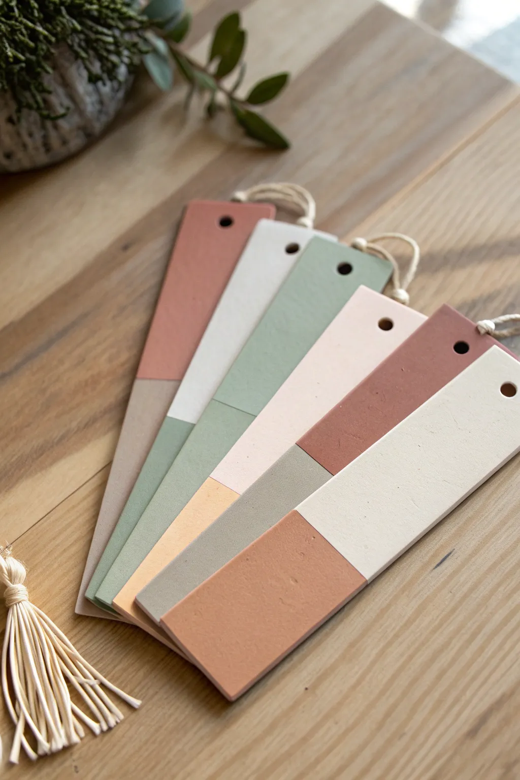Minimal color-block clay slab bookmarks with linen tassels, stacked for a clean, modern look.