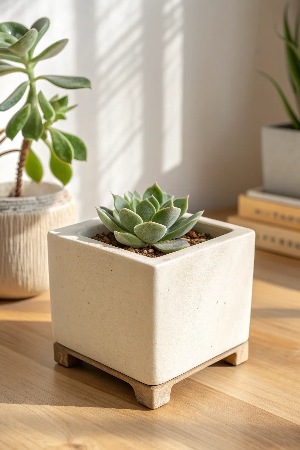 Crisp square slab planter on tiny corner feet, glowing in bright natural light.