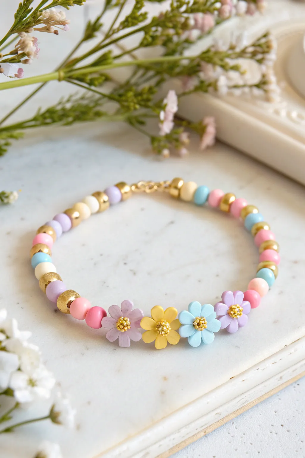 Tiny flower clay beads and neutral heishi spacers in a bright, sunny minimalist bracelet.