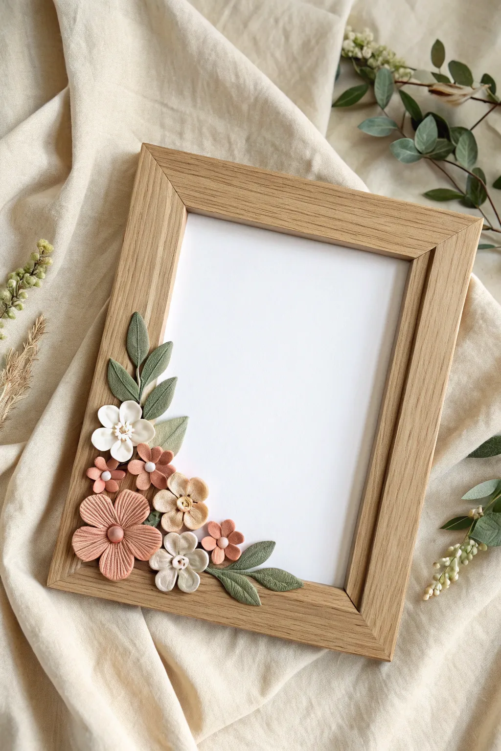 Minimal clay flower corner frame accent, a cozy handmade touch for your floral decor.