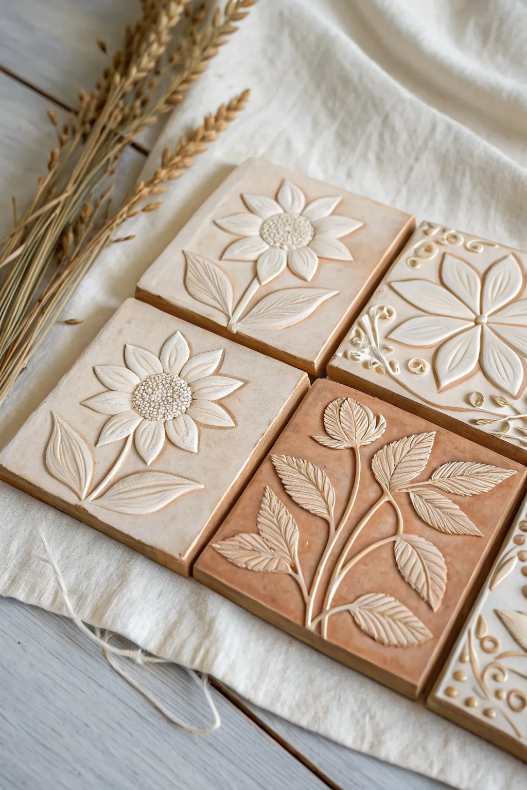 A simple 2x2 clay tile set that forms one full flower bloom across every seam.