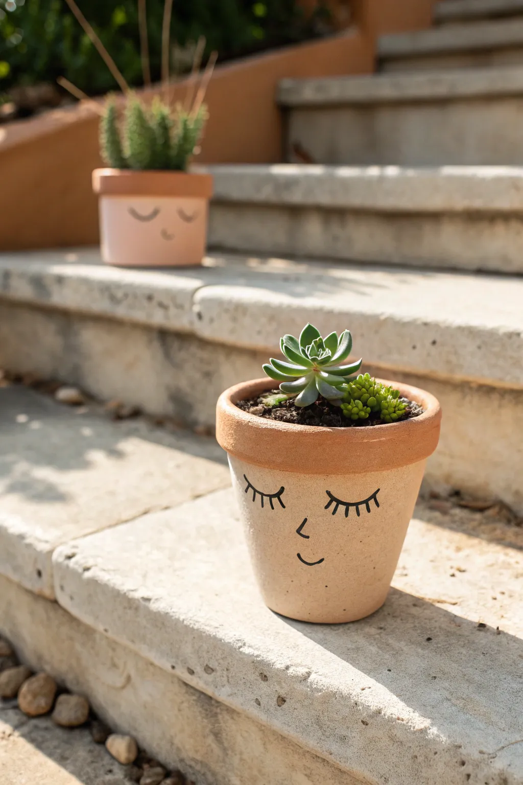 Sweet sleepy face pot with a tiny succulent, minimal lines and cozy handmade charm