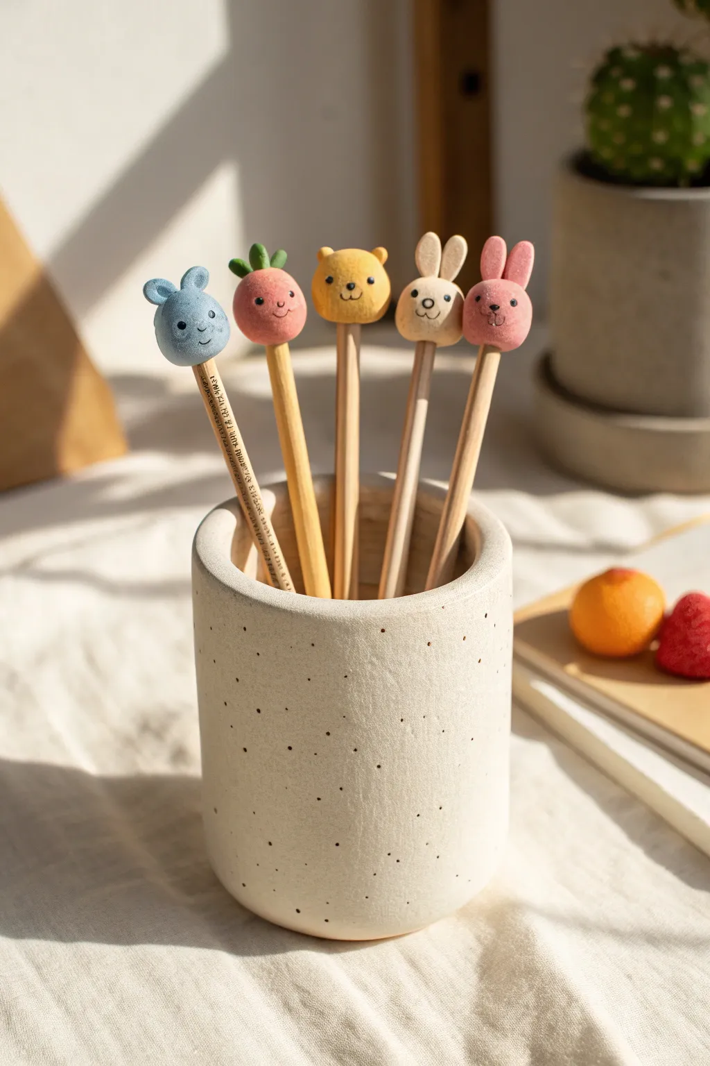 Lightweight foam clay pencil toppers in a minimal ceramic cup for sweet boho desk decor.