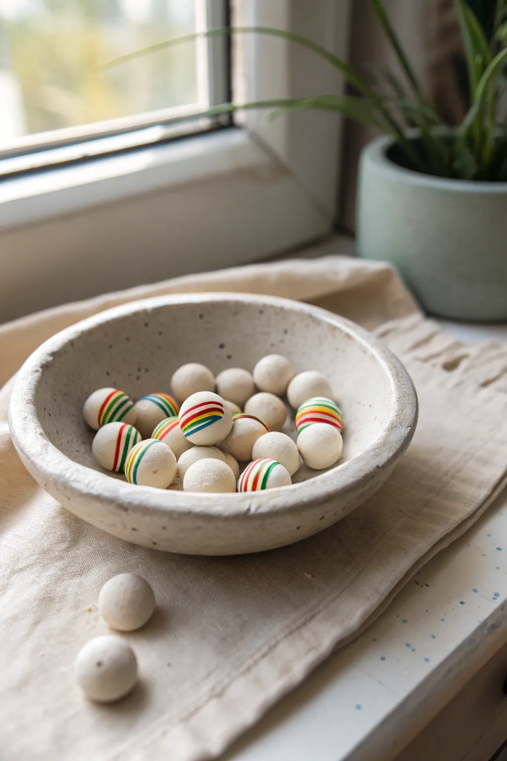 Beginner-friendly foam clay beads with simple striped rainbow patterns in a minimalist dish