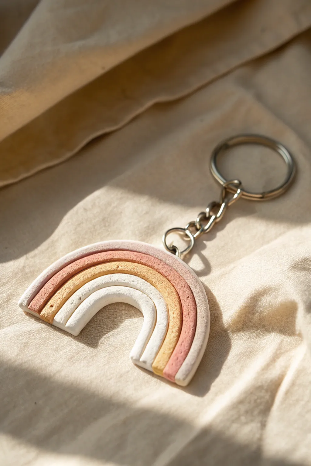 Pastel rainbow arch foam clay keychain with clean stripes, Scandinavian minimal with boho warmth.