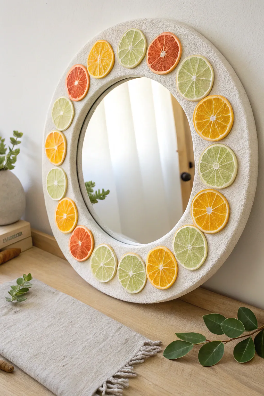 Sunny foam clay citrus slices make a clean Scandinavian mirror frame with a playful pop of color