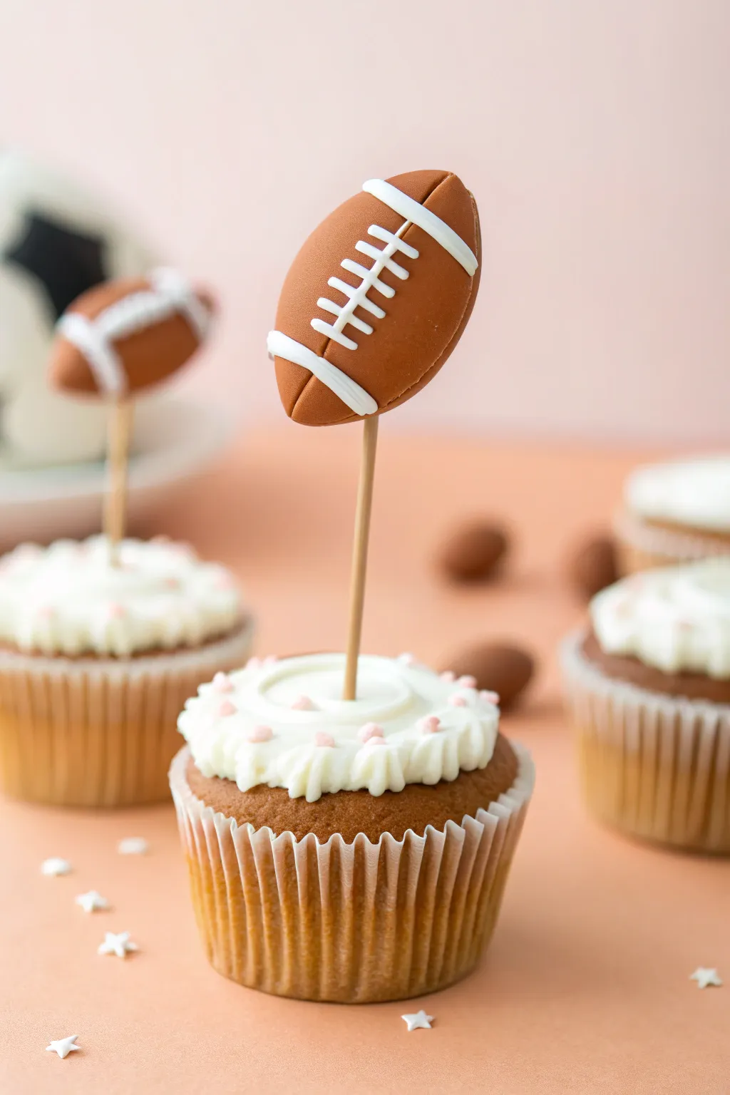 Handmade clay football cupcake pick, minimal and party ready, perfect for sporty sweet treats