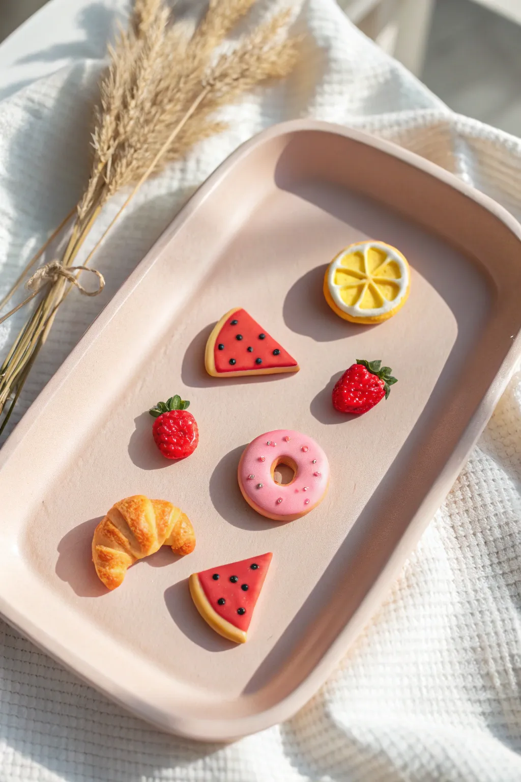 Mini clay food charms in a neat grid, bright and playful on a calm pastel backdrop