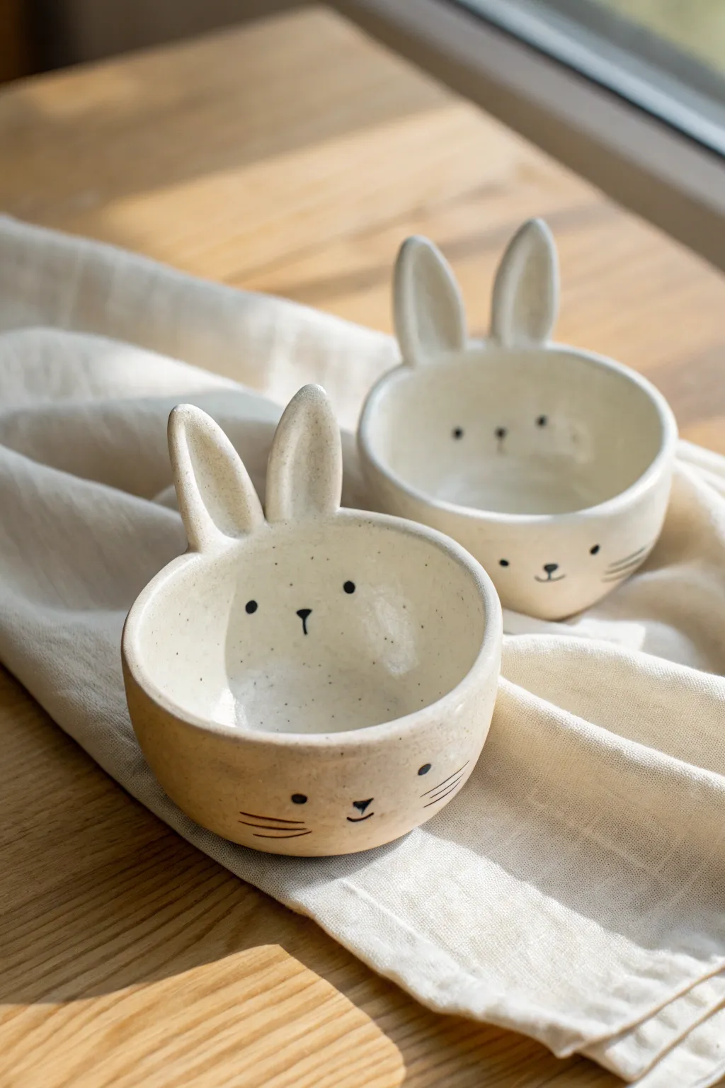 Adorable pinch pot bunny bowls in soft matte clay, perfect for easy kid friendly crafting.