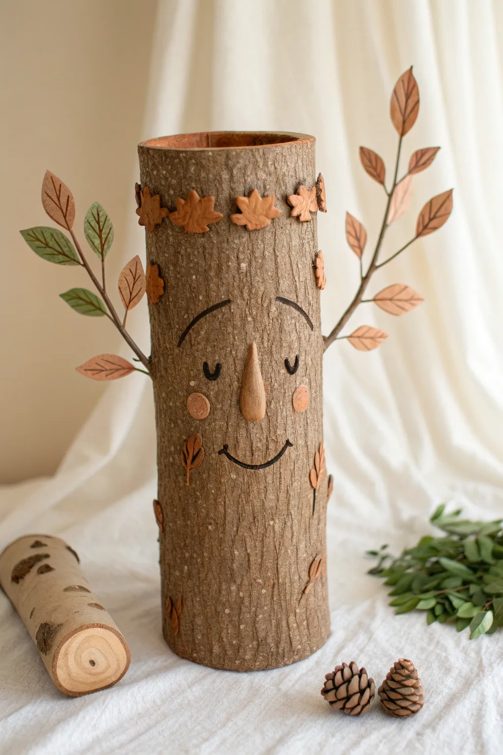 Whimsical tree trunk face sculpture with clay leaves and pinecones in a soft minimalist style