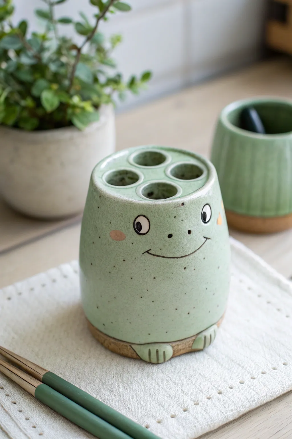 Minimal frog toothbrush holder cup in soft sage glaze, cute, tidy, and easy to make