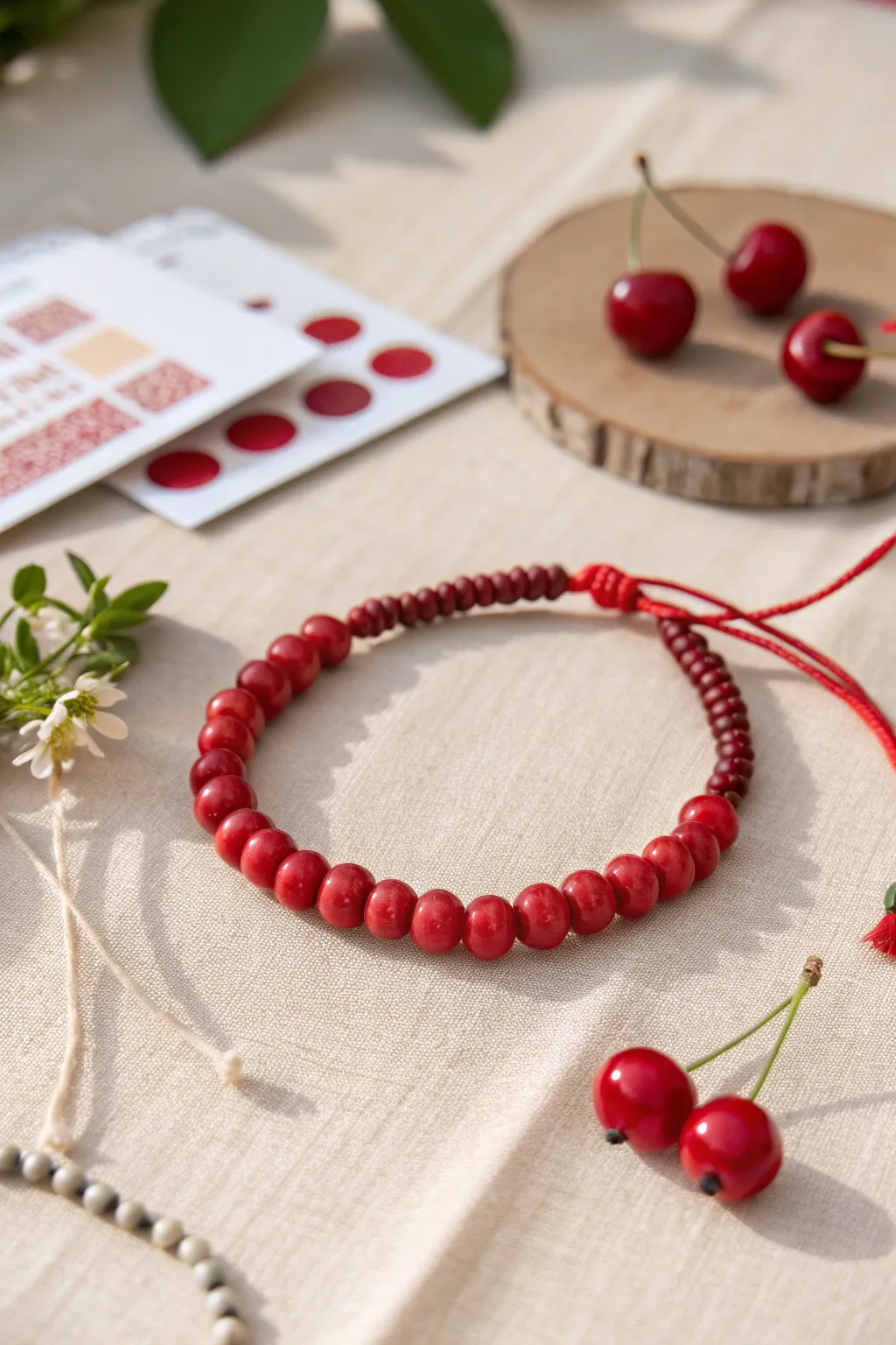 Cherry red heishi bracelet with evenly spaced clay cherries, styled in calm minimalist tones