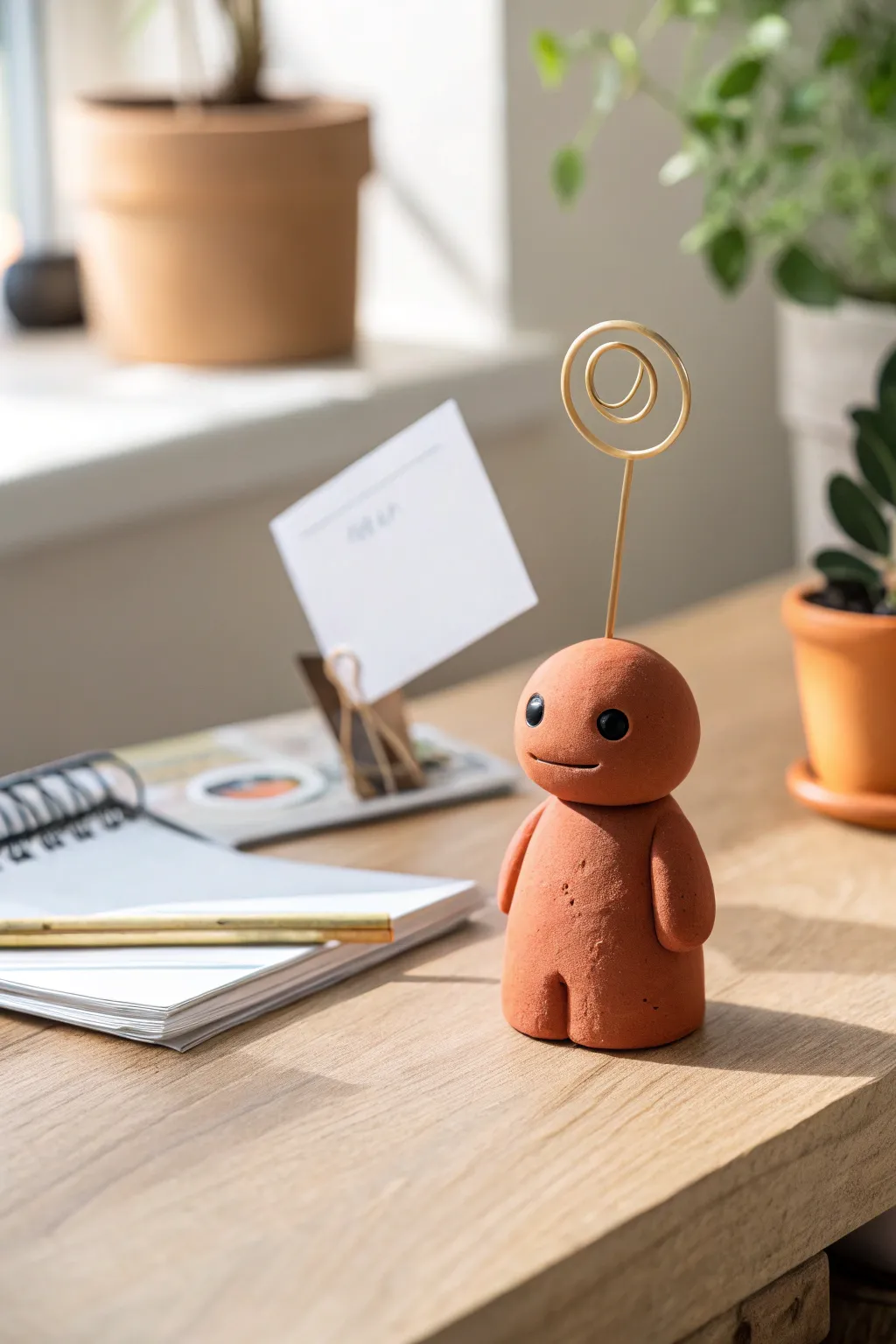 Cute mini clay character photo holder for your desk, simple Scandinavian minimal style with boho warmth