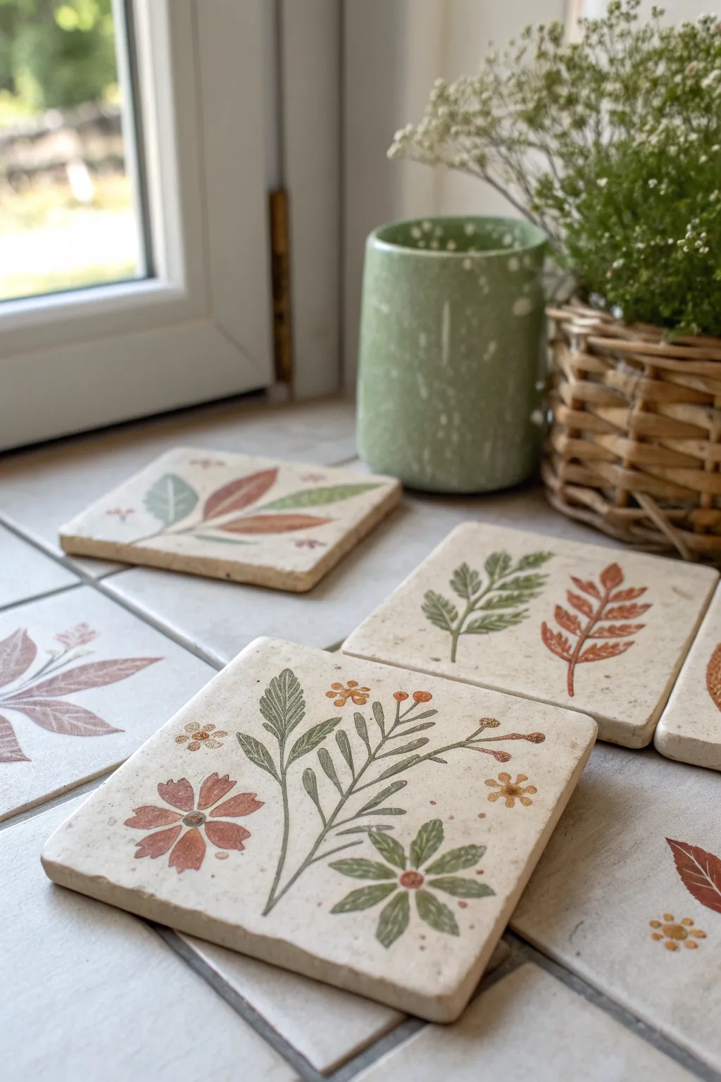 Simple leaf and flower fossil tiles in soft earthy tones, a kid-friendly clay project to display
