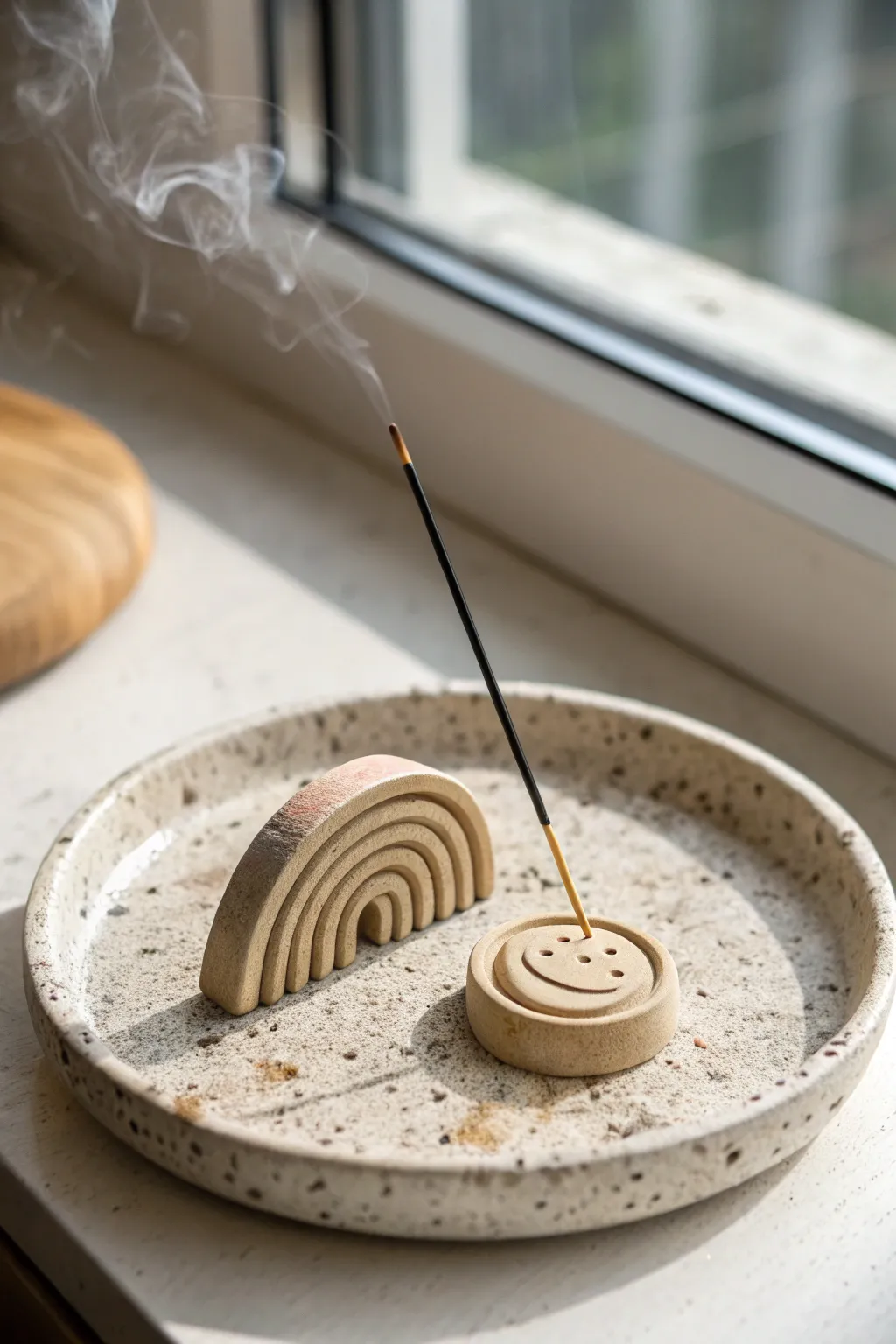 Tiny smiley polymer clay incense holder with minimalist Scandi style and a soft boho feel
