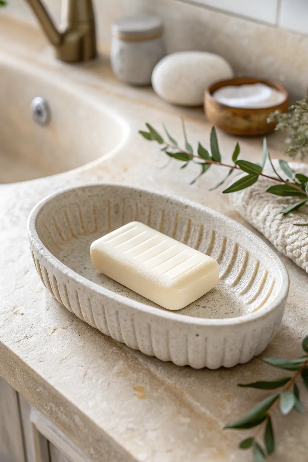 Minimal air dry clay soap dish with drain ridges, styled for a calm, airy bathroom moment