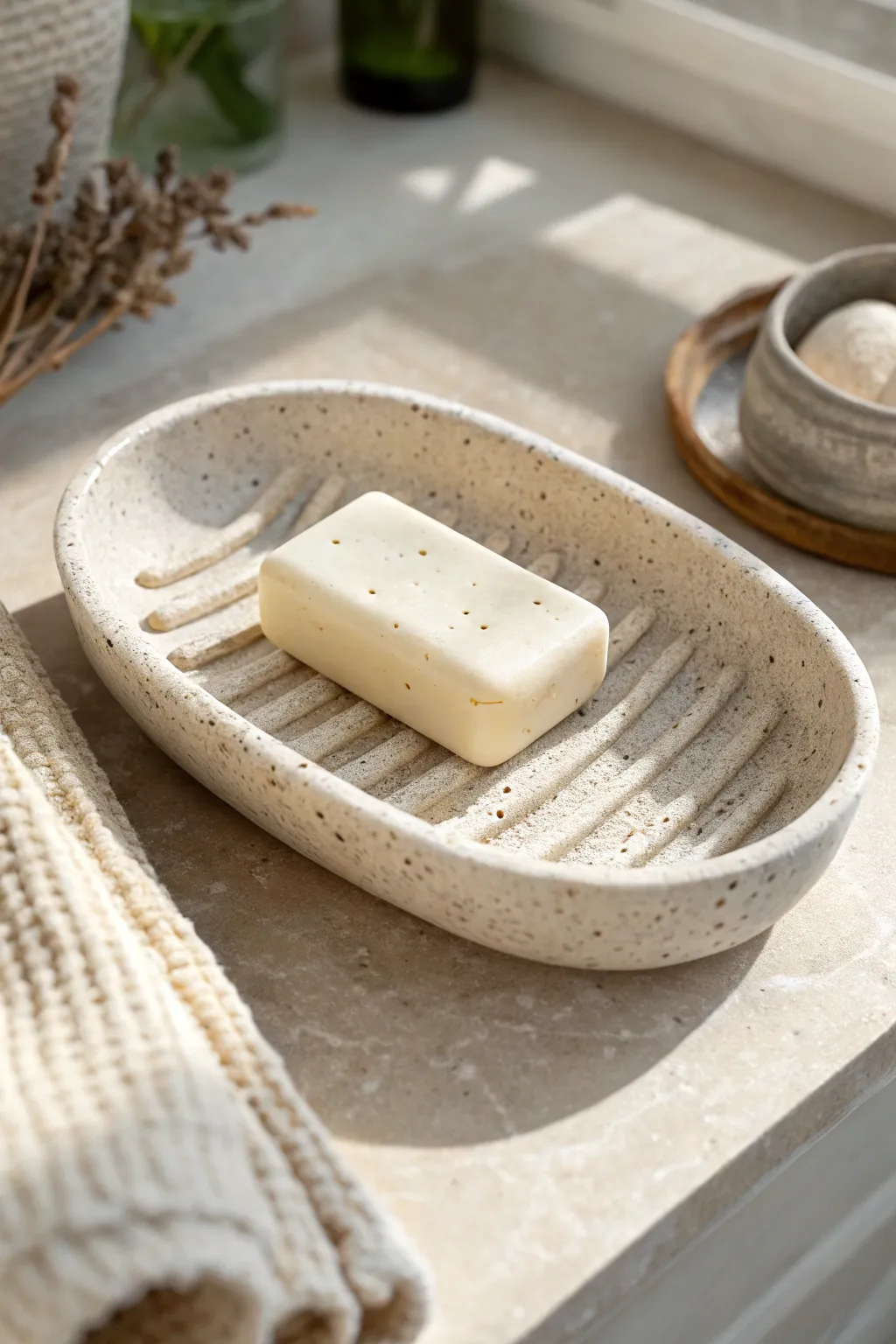Minimalist handmade soap dish with drainage ridges for a clean, dry, spa-like sink setup.