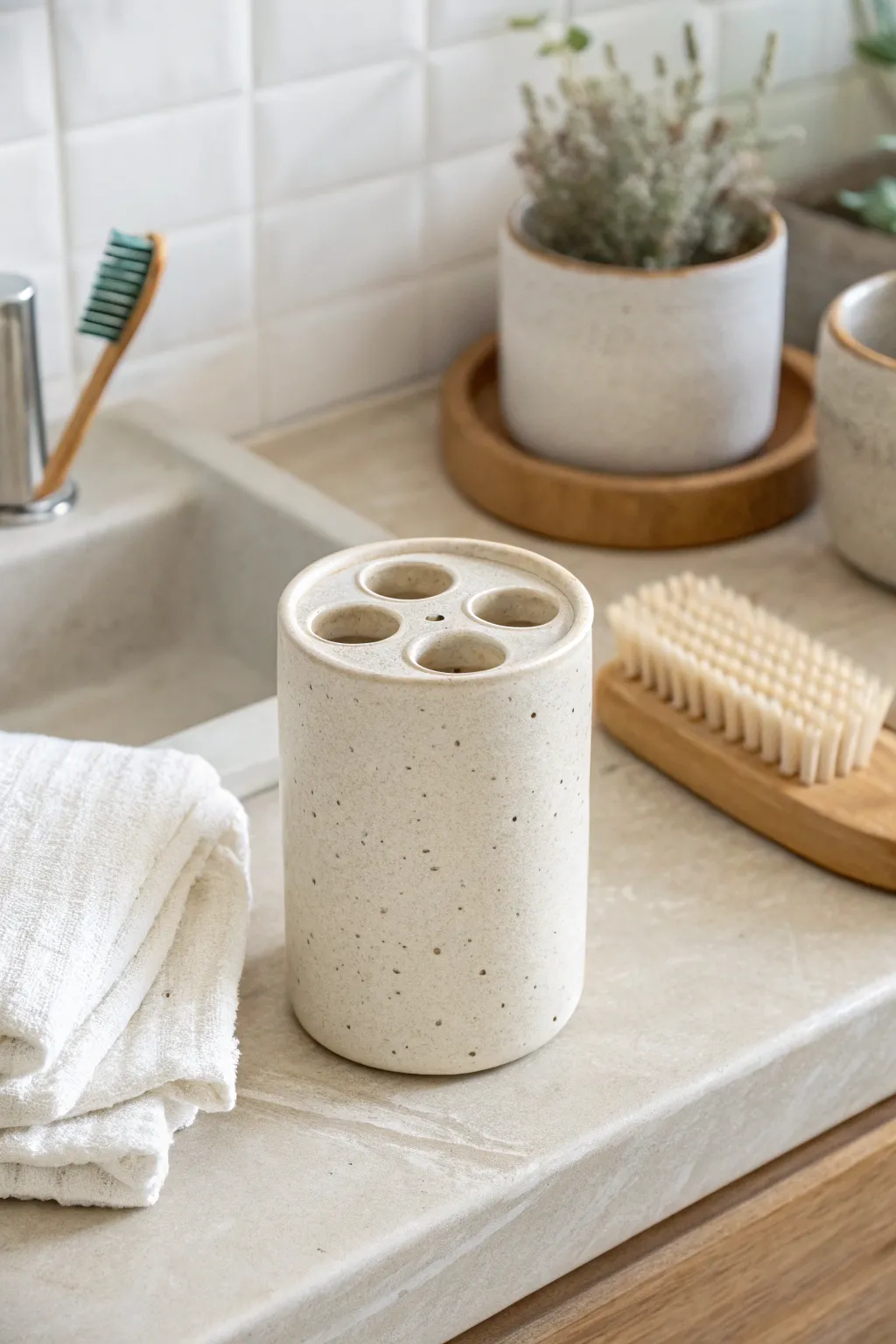 Minimal handmade ceramic toothbrush holder to keep your bathroom counter calm and clutter free.