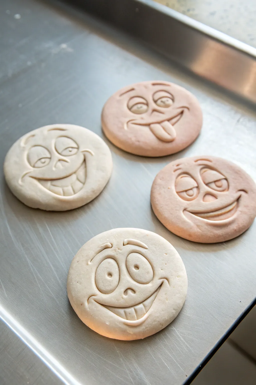 Three goofy clay magnet faces on brushed steel, minimalist and boho, perfect for a fun fridge.