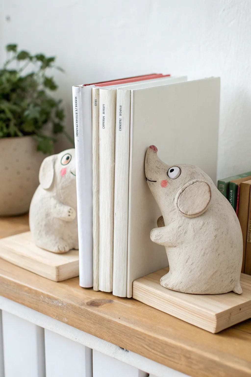 Funny chunky clay animal bookends with squished faces, minimalist Nordic boho shelf styling.