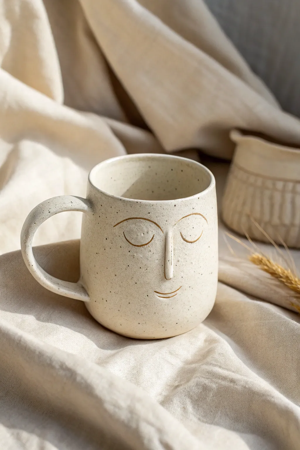 A minimalist boho mug with a hilariously big 3D nose thumb-rest, playful yet elegant.