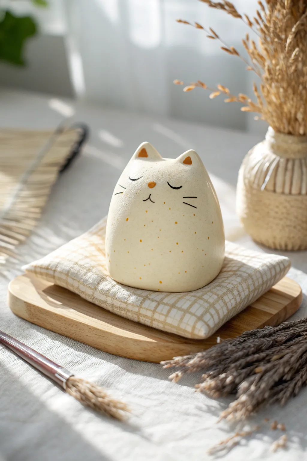 Deadpan cat loaf charm on a cozy cushion, minimalist and cute with the perfect blank stare.