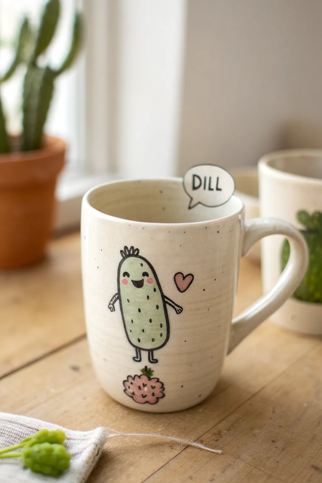 Funny hand-painted pickle mug with tiny speech bubble pun, minimal Scandi-boho styling.
