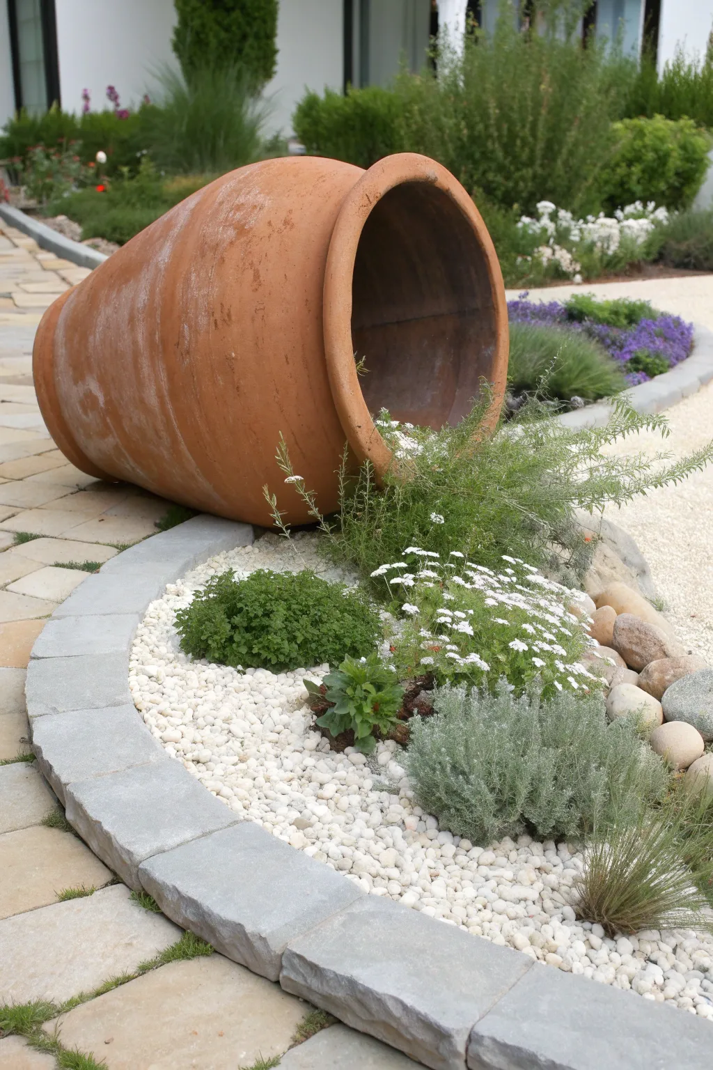 Spilled clay pot river bed: cascading blooms and greenery for a simple, dreamy garden accent.