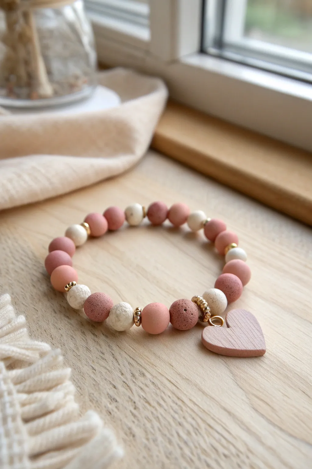 Sweet heart focal charm bracelet in matching pastel clay beads, simple and handmade.