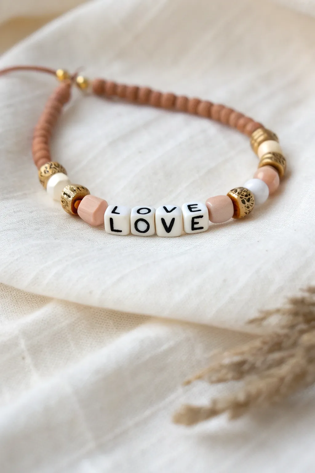 Soft neutral heishi bracelet with LOVE letter beads centered, balanced by tiny gold spacers.