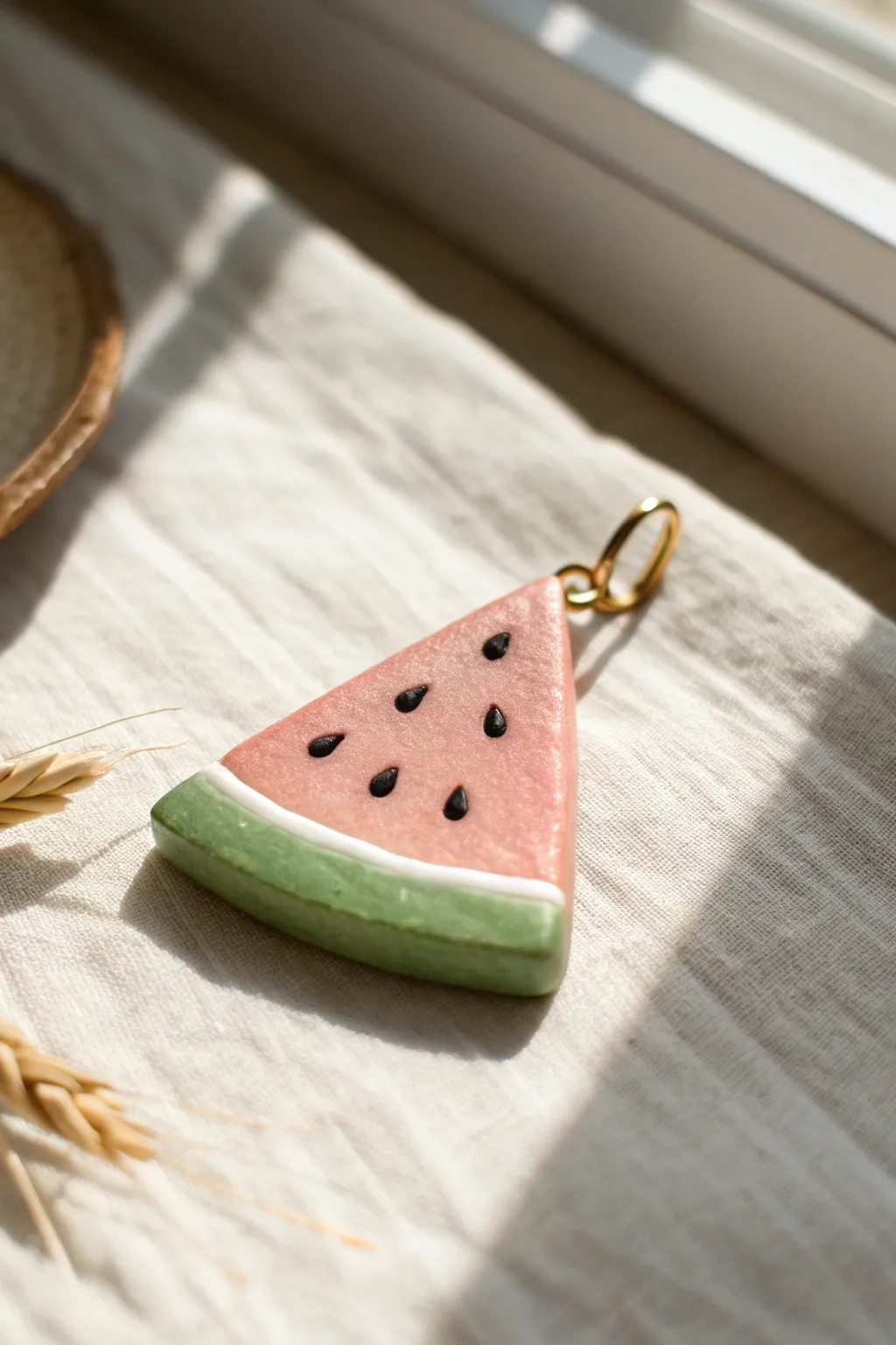 Mini watermelon wedge charm in green clay, minimalist boho styling for fresh summer vibes.