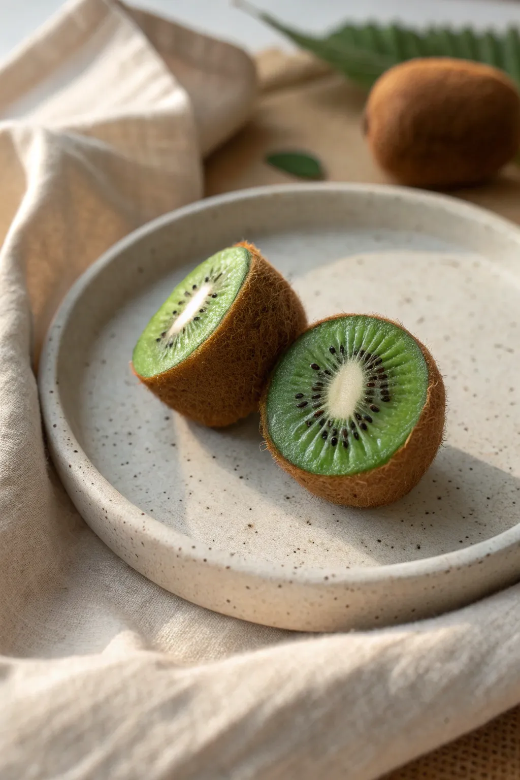 Cute kiwi half miniatures in fresh green polymer clay, minimal and handcrafted with cozy contrast