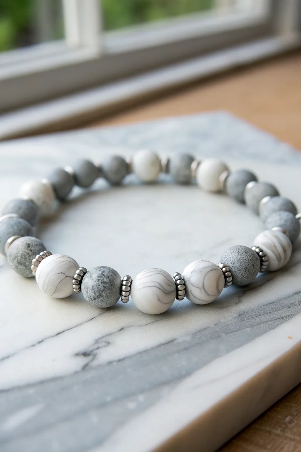 Minimal grey marble swirl focal beads paired with matte heishi for a calm, modern boho look