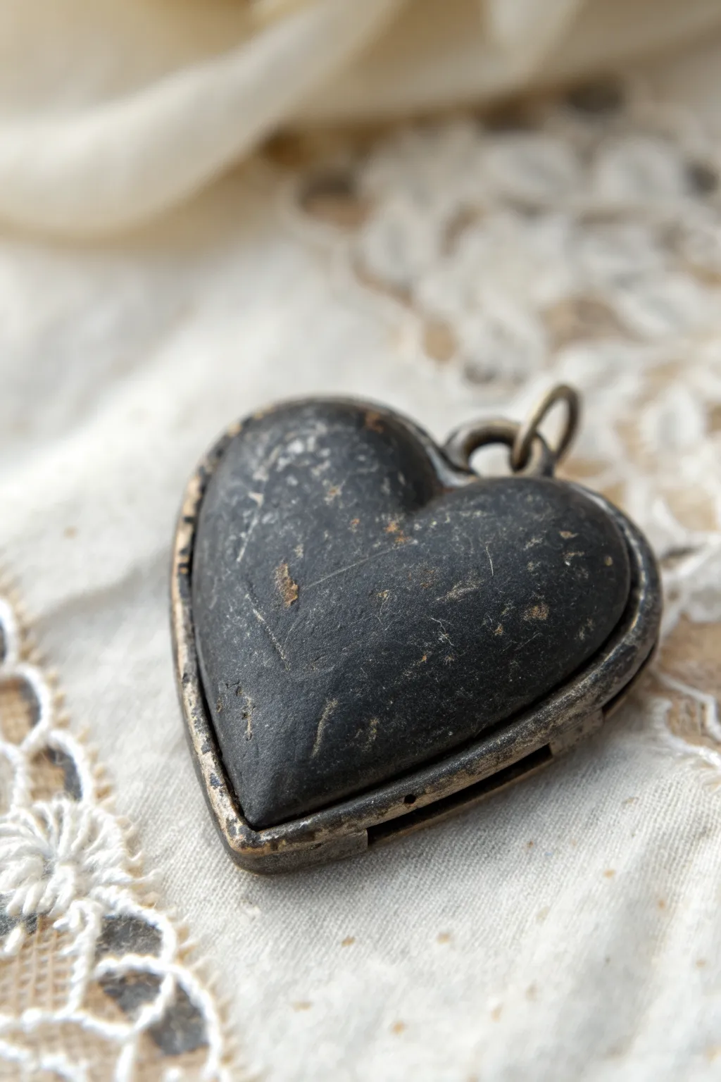 Moody scratched heart locket charm in smoky black with tarnished silver, slightly ajar