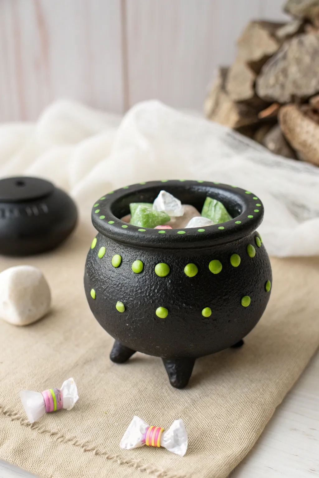 Mini Halloween cauldron trinket bowl in air dry clay, perfect for kids and candy treats.