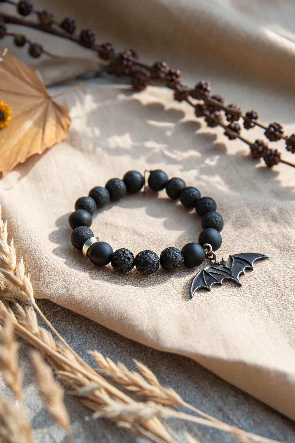 Midnight bat bracelet in matte black clay beads with subtle charcoal layers and a sleek charm