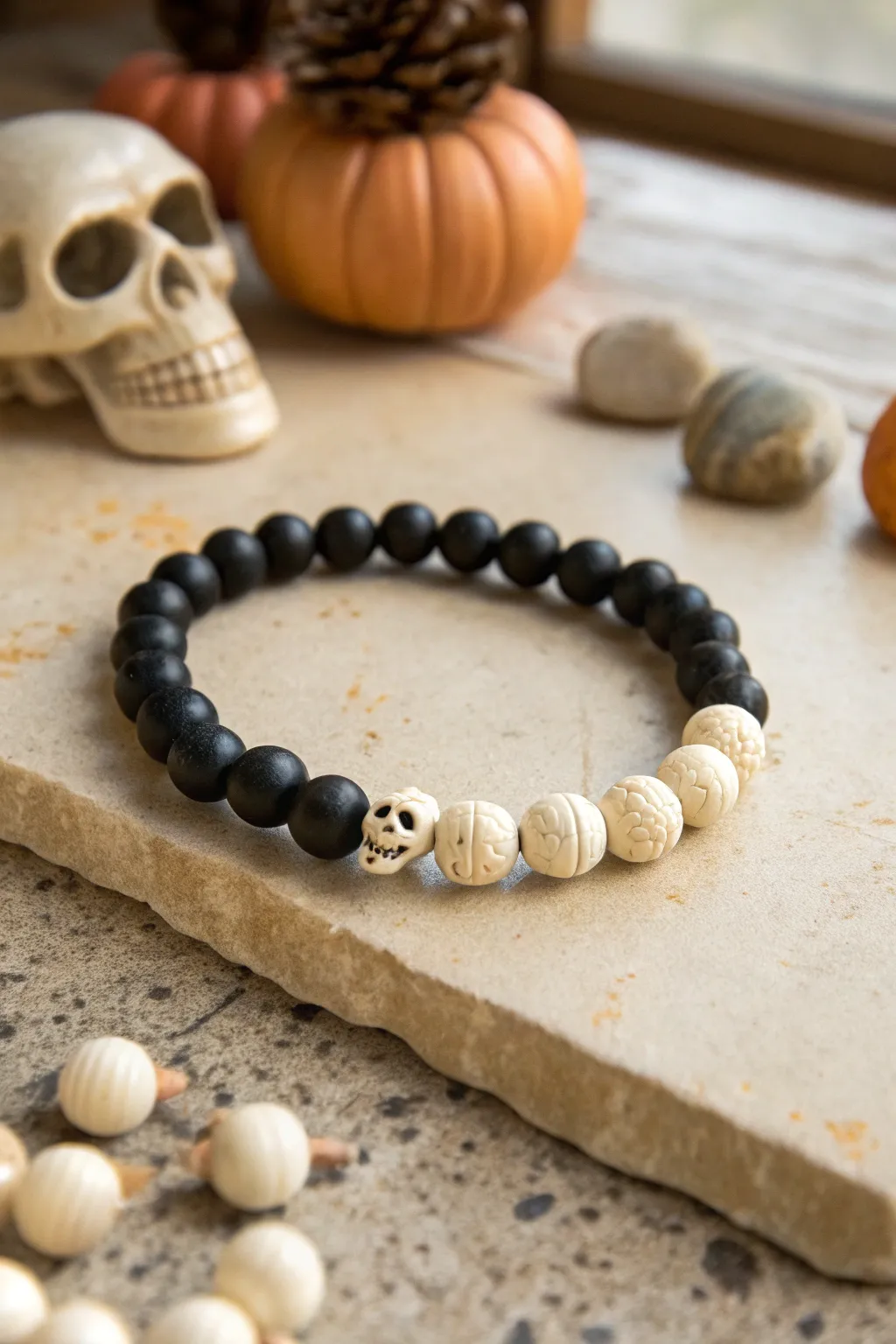Minimal black-and-ivory clay bracelet with tiny skull beads for a chic spooky pop