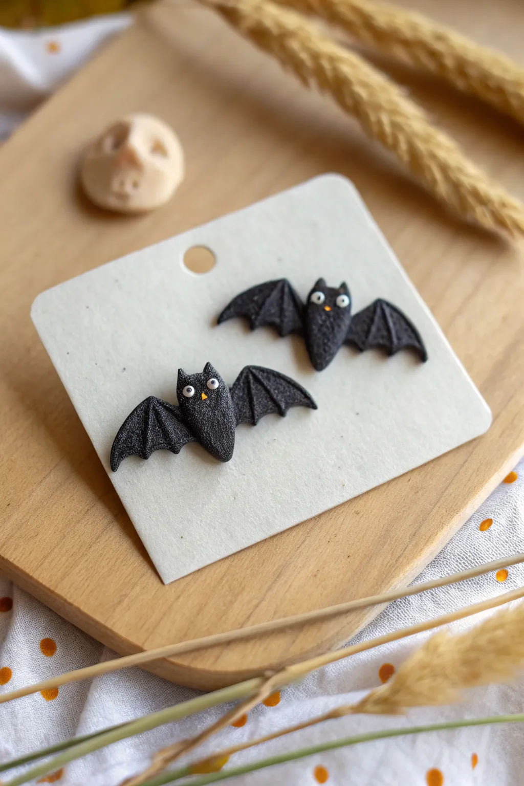 Mini bat stud earrings in matte black clay, rounded wings and sweet faces on a minimal card